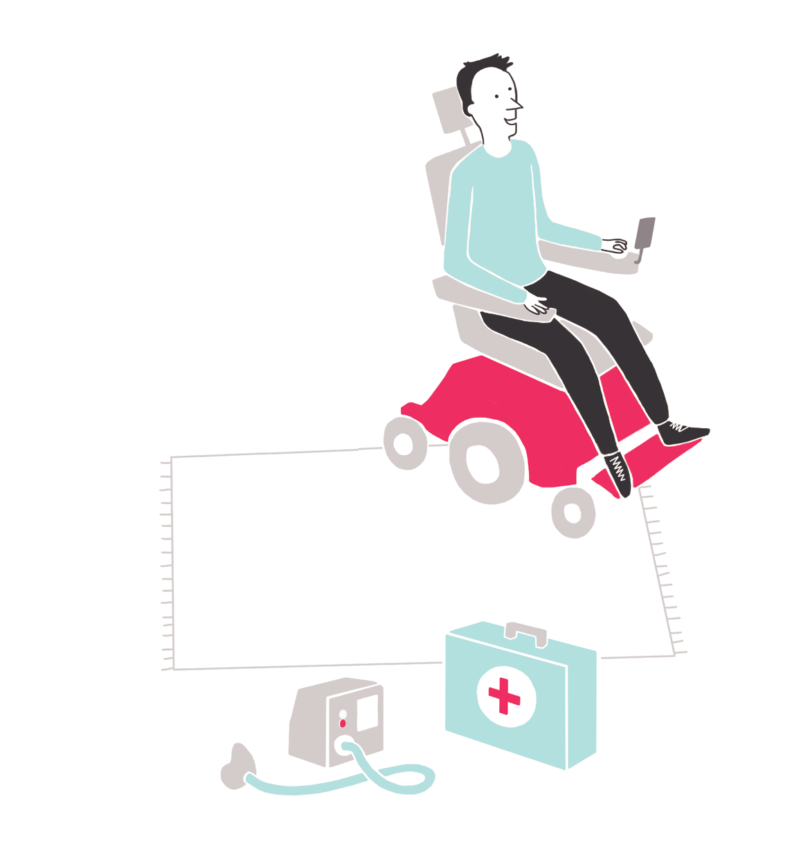 Illustration eines Mannes auf einem Rollstuhl mit Arztkoffer und Atemgerät